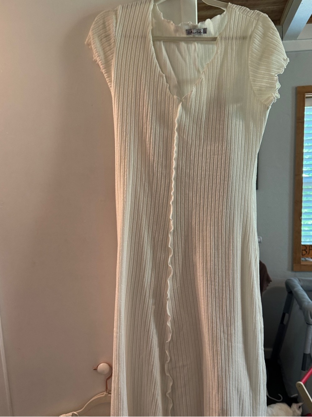 Cream Ribbed Maxi Dress with Ruffle Trim